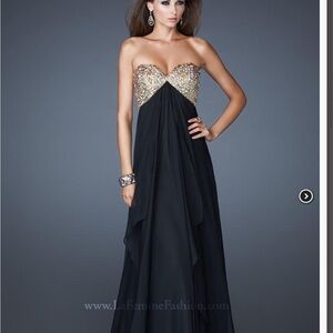 La Femme Gold and Blue Sequin Bustier Gown